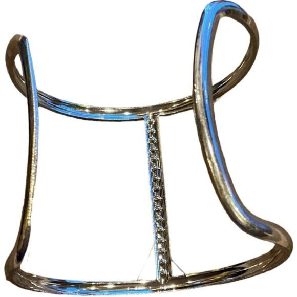 Silver Tone Rhinestone Cuff Bracelet With Open Design & Double Bar Detailing - Picture 1 of 7
